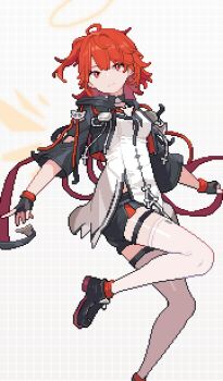 1girl arknights black_gloves black_jacket black_shoes black_shorts breasts detached_wings energy_wings exusiai_(arknights) exusiai_the_new_covenant_(arknights) fingerless_gloves gamepix gloves halo highres jacket looking_at_viewer medium_hair one_side_up pixel_art red_eyes red_hair shirt shoes shorts solo thighhighs traditional_halo white_shirt white_thighhighs wings