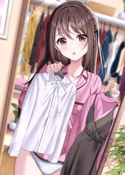 1girl absurdres brown_eyes brown_hair clothes_in_front half_updo head_tilt highres holding holding_unworn_clothes hominotsu indoors long_hair looking_at_mirror mirror original pajamas panties parted_lips pink_pajamas shirt straight_hair trying_on_clothes underwear white_panties white_shirt