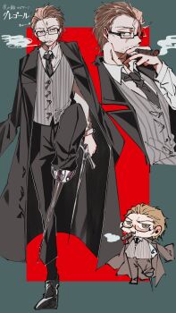 1boy absurdres beard_stubble black_jacket black_necktie brown_eyes brown_hair cigar collared_shirt facial_hair full_body glasses gregor_(project_moon) hair_slicked_back highres holding holding_cigar jacket jacket_on_shoulders knee_up limbus_company looking_at_viewer male_focus multiple_views myu318a necktie night_awls_(identity)_(project_moon) official_alternate_costume peg_leg project_moon scar scar_on_face shirt smoke smoke_trail smoking striped_clothes striped_vest stubble translation_request vest white_shirt