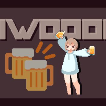 1girl alcohol animated animated_gif aqua_sweater bare_legs beer beer_mug brown_background brown_hair closed_eyes cup drawstring long_sleeves looping_animation lowres mug original pixel_art short_hair solo sotie standing standing_on_one_leg sweater wide_shot