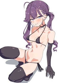 1girl absurdres ahoge bikini black_bikini black_choker black_gloves black_thighhighs blue_eyes blush breasts choker collarbone commentary_request elbow_gloves full_body gakuen_idolmaster gloves highres idolmaster kaya_rinha long_hair looking_at_viewer mole navel paid_reward_available parted_lips purple_hair seihekiog side-tie_bikini_bottom simple_background small_breasts smile solo swimsuit thighhighs twintails white_background