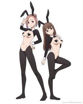 2girls animal_ear_hairband animal_ears black_hiphighs black_shrug breasts brown_eyes brown_hair closed_mouth collared_shrug coro_fae earrings fake_animal_ears frontless_outfit full_body hair_bun hairband heart_maebari heart_pasties highres hiphighs iino_miko jewelry kaguya-sama_wa_kokurasetai_~tensai-tachi_no_renai_zunousen~ koyasu_tsubame looking_at_viewer maebari medium_breasts multiple_girls navel pasties pink_eyes pink_hair playboy_bunny rabbit_ear_hairband rabbit_ears revealing_clothes reverse_bunnysuit reverse_outfit shrug_(clothing) simple_background standing standing_on_one_leg white_background