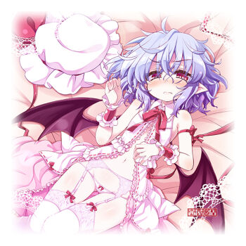 1girl 3: 3:&lt; akaneya babydoll bare_shoulders bat_wings blue_hair blush border bow bow_panties clenched_hand fading_border fang fang_out female_focus full-face_blush garter_belt garter_straps groin hat lingerie looking_at_viewer lowleg lowleg_panties lying messy_hair mob_cap navel on_back panties pointy_ears red_eyes remilia_scarlet ribbon short_hair solo thighhighs touhou underwear unworn_hat unworn_headwear v-shaped_eyebrows white_panties wings wrist_cuffs