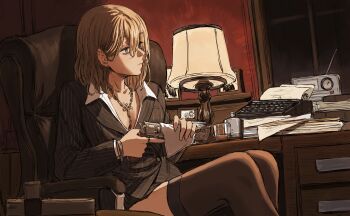 1girl absurdres armchair black_jacket black_thighhighs blonde_hair bracelet breasts business_suit chair cleavage computer_keyboard cup desk_lamp formal_clothes gold_can grey_eyes gun hair_between_eyes handgun highres holding holding_gun holding_paper holding_weapon indoors jacket jewelry lamp long_sleeves medium_breasts medium_hair monitor necklace night office_lady original paper paper_stack pinstripe_pattern pinstripe_suit radio revolver shirt sitting suit thighhighs watch weapon white_shirt window