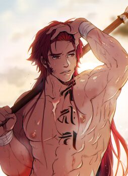 1boy hair_down hand_on_own_head highres long_hair male_focus muscular muscular_male nipples pectorals polearm red_hair siddham sideburns solo spear sweat tachibana_kuniei tattoo tonbokiri_(touken_ranbu) topless_male touken_ranbu weapon yellow_eyes