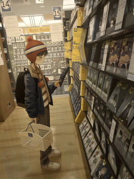 Rule 34 | 1boy, absurdly detailed composition, absurdres, backpack, bag, basket, beanie, brown hair, brown pants, closed mouth, commentary request, dvd case, earflap beanie, from side, fur-trimmed jacket, fur trim, grey jacket, hat, highres, holding, holding basket, indoors, jacket, loaded interior, long sleeves, male focus, open clothes, open jacket, original, pants, pom pom (clothes), pom pom beanie, red hat, sasakure (mogunonbi), shelf, shirt, shoes, shop, shopping basket, short hair, sneakers, solo, standing, striped clothes, striped shirt, white shoes