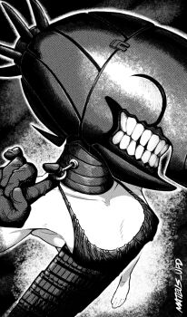 absurdres barefoot bomb bomb_devil_(chainsaw_man) breasts chainsaw_man cleavage dynamite explosive feet gloves greyscale grin head_ornament highres looking_down mateus_upd monochrome pulling_earring small_breasts smile teeth