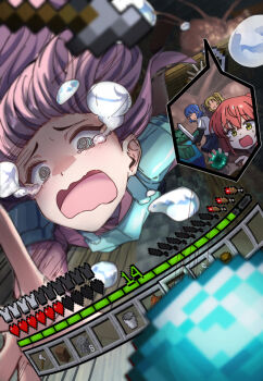 Rule 34 | 4girls, @ @, ahoge, blonde hair, blue eyes, blue hair, bocchi the rock!, commentary request, crying, diamond (minecraft), ender pearl, explosion, eye drops, falling, gotoh hitori, green eyes, hair between eyes, health bar, highres, holding, holding sword, holding weapon, ijichi nijika, jacket, kessoku band, kita ikuyo, long hair, long sleeves, minecraft, minecraft pickaxe, mole, multiple girls, open mouth, pickaxe, pink hair, pink jacket, red hair, school uniform, shirt, short hair, side ponytail, skirt, sword, weapon, white shirt, yamada ryo, yusaku 739, zombie (minecraft)