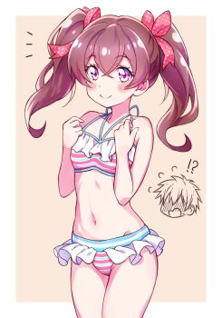 !? 1boy 1girl bikini blush bow brown_hair closed_mouth collarbone delicious_party_precure hair_bow halterneck highres kyoutsuugengo nagomi_yui navel precure striped_bikini striped_clothes swimsuit twintails