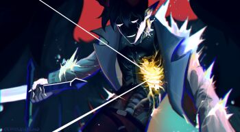 Rule 34 | 1boy, black shirt, black wings, clenched teeth, coat, colored extremities, cowboy shot, cracked skin, feathered wings, glowing heart, grassjellyg00d, growing out of body, highres, holding, holding sword, holding weapon, kim dokja, official alternate costume, omniscient reader's viewpoint, open clothes, open coat, out of frame, pointy ears, popped collar, ribs, shirt, skeleton, sword, teeth, weapon, white coat, wings, x-ray