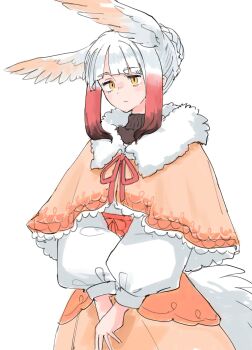 1girl bird_girl bird_tail black_sweater capelet commentary feathered_wings fur-trimmed_capelet fur_trim head_wings highres hozumi_sousei japanese_crested_ibis_(kemono_friends) kemono_friends multicolored_hair orange_capelet orange_skirt own_hands_together red_hair shirt simple_background skirt solo sweater tail turtleneck turtleneck_sweater two-tone_hair white_background white_hair white_shirt white_wings wings yellow_eyes