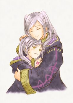 2girls breasts chin_rest closed_eyes crying crying_with_eyes_open dual_persona eyelashes eyes_of_grima female_robin_(fire_emblem) fingernails fire_emblem fire_emblem_awakening hand_on_another&#039;s_head hand_tattoo hands_up head_on_head highres hood hood_down hug intelligent_systems long_coat long_hair long_sleeves medium_breasts moverabbit0305 multiple_girls no_gloves parted_lips sad sidelocks simple_background standing swept_bangs tattoo tears twintails upper_body white_background white_hair wide_sleeves yellow_eyes