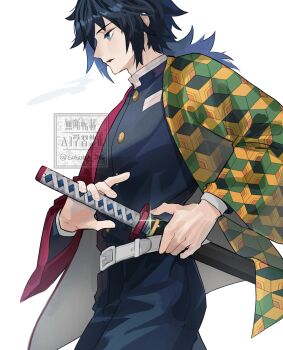 1boy absurdres belt black_hair black_jacket black_pants blue_eyes buttons commentary cowboy_shot demon_slayer_uniform empty_eyes gold_buttons hair_between_eyes haori high_collar highres holding holding_sword holding_weapon jacket japanese_clothes katana kikkoumon kimetsu_no_yaiba long_hair low_ponytail male_focus pants parted_lips ponytail print_haori profile red_haori simple_background soboru_jmt solo spiked_hair sword symbol-only_commentary tomioka_giyuu watermark weapon white_background white_belt