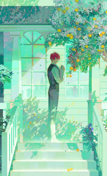 1boy absurdres analogous_colors aqua_theme black_pants black_vest building collared_shirt cool_colored food fruit green_theme hair_between_eyes highres long_sleeves looking_at_viewer male_focus original pants red_hair shadow shirt short_hair smile solo stairs standing vest white_shirt wide_shot xiaoquandianer