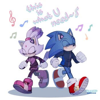 1boy 1girl animal_ears artist_name blaze_the_cat cat_ears cat_girl cat_tail closed_eyes commission furry furry_female furry_male gloves highres jazzmm15 musical_note pink_shoes ponytail red_shoes shoes signature smile sonic_(series) sonic_rush sonic_the_hedgehog tail white_background white_gloves wireless_earphones