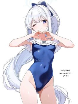 1girl alternate_costume blue_archive blue_halo blue_one-piece_swimsuit breasts closed_mouth commentary_request competition_swimsuit covered_navel dated halo hanako_(peanut) highleg highres long_hair looking_at_viewer miyako_(blue_archive) miyako_(swimsuit)_(blue_archive) official_alternate_costume one-piece_swimsuit one_eye_closed ponytail purple_eyes school_swimsuit simple_background small_breasts smile solo standing swimsuit very_long_hair white_background white_hair