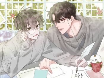 Rule 34 | 2boys, adjusting eyewear, alternate costume, biyoo (omniscient reader's viewpoint), black hair, commentary request, cup, curtained hair, glasses, grey shirt, grey sweater, hair between eyes, hayu beck, highres, holding, holding quill, kim dokja, korean commentary, korean text, male focus, multiple boys, omniscient reader's viewpoint, parted lips, quill, shirt, short hair, steam, sweater, translation request, upper body, yoo joonghyuk