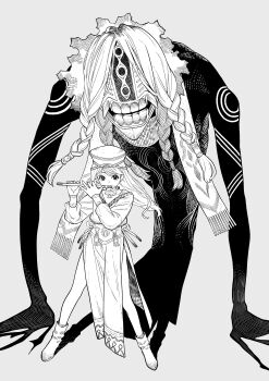 1girl 1other absurdres bare_legs belt boots braid choker fangs flute full_body greyscale hat highres instrument kohinata_iroha legs_apart long_hair long_sleeves monochrome multiple_braids original pelvic_curtain playing_flute playing_instrument scarf side_slit standing summoning tassel v-neck