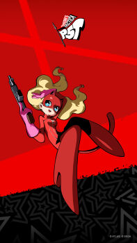 1girl arm_above_head atlus black_background blonde_hair blue_eyes bodysuit boots breasts cleavage commentary copyright_name english_commentary floating_hair full-length_zipper full_body gloves gun hair_floating_upwards high_heel_boots high_heels highres holding holding_gun holding_weapon long_hair mask mask_on_head official_art open_mouth oribe_hanako panther_(persona_5) panther_tail parted_lips persona persona_5 persona_5_tactica pink_gloves red_background red_bodysuit red_boots rubber_gloves second-party_source small_breasts solo star_(symbol) star_symbol_background submachine_gun tail takamaki_anne twintails weapon zipper