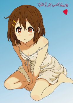 1girl absurdres blue_background blush breasts brown_eyes brown_hair character_name cleavage collarbone dress gradient_background hair_ornament hairclip heart highres hirasawa_yui k-on! looking_at_viewer short_hair sitting solo totalmajorweeb v_arms wariza