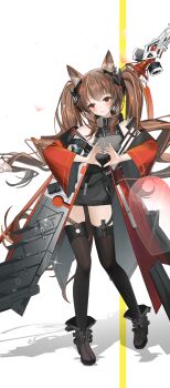 1girl absurdres angelina_(arknights) animal_ears arknights arknights:_endfield black_boots black_thighhighs boots brown_hair chenran_tiantang coat commentary commentary_request contrapposto diamond-shaped_pupils diamond_(shape) dress fold-over_boots fox_ears fox_girl full_body gilberta_(arknights) glint grey_dress headpiece heart heart_hands high_collar highres long_hair long_sleeves looking_to_the_side off_shoulder open_clothes open_coat red_coat red_eyes shadow short_dress sleeveless sleeveless_dress smile solo staff standing symbol-shaped_pupils thighhighs twintails weapon weapon_on_back white_background zettai_ryouiki