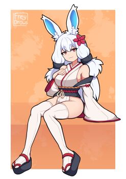 1girl :3 absurdres animal_ear_fluff animal_ears artist_name bare_shoulders black_sandals breasts closed_mouth commentary english_commentary engrish_commentary flower freydraws full_body grey_hair groin hair_between_eyes hair_flower hair_ornament hand_up highres japanese_clothes kimono long_hair long_sleeves looking_at_viewer medium_breasts no_pants obi okobo orange_background original platform_sandals rabbit_ears red_eyes red_flower sandals sash short_eyebrows sitting sleeveless sleeveless_kimono solo thick_eyebrows thighhighs very_long_hair white_kimono white_thighhighs wide_sleeves zouri