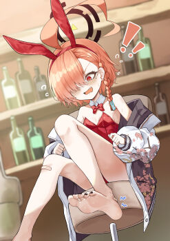 ! !! 1girl absurdres ahoge animal_ear_hairband animal_ears bandaid bandaid_on_foot bandaid_on_knee bandaid_on_leg bar_stool bare_legs bare_shoulders barefoot black_halo black_toenails blue_archive blush bow bowtie braid breasts crying crying_with_eyes_open detached_collar dot_nose earrings fake_animal_ears fang feet floral_print hairband halo hands_up highres huge_ahoge jacket jewelry knees_up leotard loli long_sleeves looking_down medium_hair mole mole_under_eye nail_polish neru_(blue_archive) neru_(bunny)_(blue_archive) off_shoulder open_mouth orange_hair oversized_breast_cup playboy_bunny print_jacket rabbit_ears red_bow red_bowtie red_eyes red_hairband red_leotard shelf single_braid sitting small_breasts soles solo stale_beer_(kinonuketa_biiru) stool strapless strapless_leotard sweatdrop tears thighs toenail_polish toenails toes white_jacket