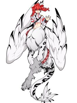 1girl bird_wings chimera chinese_commentary commentary cropped_jacket drill_hair feathered_wings full_body grey_jacket hand_up highres jacket kasane_teto kasane_teto_(sv) long_hair long_sleeves looking_at_another midriff monster_girl open_mouth red_eyes red_hair shoulder_belt simple_background snow_leopard solo synthesizer_v talons taur twin_drills utau white_background white_fur white_wings wings yi_xing_luren