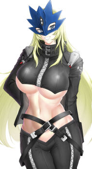 1girl absurdres beelstarmon belt black_belt black_coat black_pants black_vest blonde_hair blue_eyes blue_mask breasts coat commentary contrapposto cowboy_shot cropped_vest digimon digimon_(creature) eye_mask grin hand_on_own_hip highres large_breasts leather leather_pants long_hair looking_at_viewer mask navel pants sidelocks simple_background skull_print smile solo standing stomach teeth third_eye tight_clothes tight_pants underboob very_long_hair vest white_background wuni-ling zipper