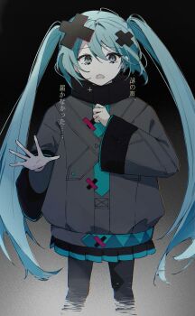 1girl :o aqua_eyes aqua_hair batsu_miku black_background black_pantyhose black_skirt coat commentary_request cowboy_shot dot_nose glitch gradient_background grey_background grey_coat hair_between_eyes hair_ornament hand_up hands_up hatsune_miku high_collar highres jacket kowareta_sekai_to_utaenai_miku long_hair long_sleeves looking_at_viewer official_alternate_costume official_alternate_hairstyle open_mouth pantyhose pleated_skirt project_sekai sidelocks simple_background skirt solo translated twintails very_long_hair vocaloid wide_sleeves x_hair_ornament yuiyotti102