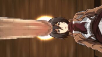 1girl :o affair bad_tag belt betrayal black_eyes black_hair breasts ceiling censored cheating_(relationship) cropped_jacket disgrace disgust erection expressionless from_below hair_between_eyes incest indoors infidelity jacket jean_kirstein light looking_at_viewer matching_hair/eyes mikasa_ackerman military military_uniform mosaic_censoring netorare netorase out_of_character paradis_military_uniform parted_lips penis perspective red_scarf scarf shingeki_no_kyojin shirt short_hair solo_focus standing takapiko trash unfaithful upper_body white_shirt