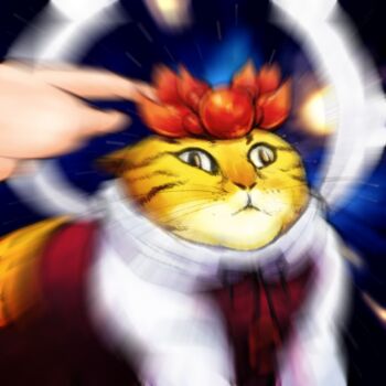 Rule 34 | animal, animal print, animalization, black ribbon, blurry, cat, cat transcendence (meme), closed mouth, clothed animal, hagoromo, jacket, long sleeves, looking at viewer, meme, neck ribbon, orange skirt, print skirt, red jacket, ribbon, shawl, shirosato, shirt, skirt, solo focus, space, star (sky), sun, tiger print, toramaru shou, touhou, white shirt