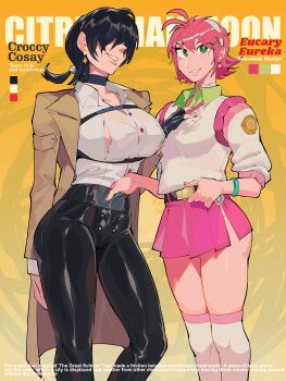 2girls absurdres black_hair black_pants breasts brown_coat coat diforland english_text green_eyes hair_over_eyes highres large_breasts long_coat looking_at_viewer multiple_girls open_clothes open_coat original pants pink_hair shirt white_shirt