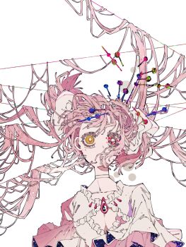1girl abstract bow choker dress frilled_dress frilled_sleeves frills hair_bow heterochromia highres hoshimura_yumea kaname_madoka kaname_madoka_(magical_girl) long_hair looking_at_viewer mahou_shoujo_madoka_magica mahou_shoujo_madoka_magica_(anime) no_mouth pink_hair ribbon ribbon_choker short_twintails solo surreal twintails ultimate_madoka white_background white_choker white_dress white_ribbon yellow_eyes