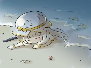 1girl alternate_color beach blonde_hair blush_stickers closed_eyes closed_mouth commentary dot_mouth eboshi_(kasugai_(de-tteiu)) frilled_gloves frills gen_7_pokemon gloves jellyfish_girl kasugai_(de-tteiu) nihilego nintendo personification pokemon ribbon seashell shell shiny_pokemon shore single_blush_sticker solo tentacle_hair ultra_beast waves yellow_ribbon