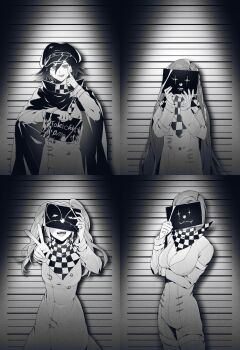 1boy 3girls :p absurdres akanbe arm_across_chest arm_belt bbong_two breasts buttons cape character_name checkered_clothes checkered_scarf cleavage clown_mask commentary_request covering_face danganronpa_(series) danganronpa_v3:_killing_harmony dice_members_(danganronpa) dress eyelid_pull finger_to_eye flipped_hair greyscale hair_between_eyes happy hat height_chart highres holding korean_commentary long_hair long_sleeves looking_at_viewer mask military_hat monochrome mugshot multiple_girls oma_kokichi open_mouth peaked_cap scarf shirt short_hair smile spotlight tongue tongue_out twintails two-tone_scarf upper_body v very_long_hair