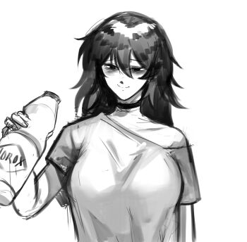 1girl absurdres bags_under_eyes black_hair borrowed_character bottle breasts clorox collar greyscale hair_between_eyes hand_up highres holding holding_bottle logicsterrr long_hair monochrome off_shoulder original shig_(shigezie) shirt smile solo stitched_neck stitches t-shirt