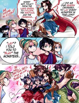 Rule 34 | 6+girls, anachronism, ancient greek clothes, animal ears, blonde hair, blush, brown hair, cerberus, corrupted twitter file, cow ears, cow horns, cyclops, dog ears, dog girl, dog tail, emo-girl (grs-), english text, greco-roman clothes, grs-, hairband, harem, highres, horns, lamia, minotaur, misunderstanding, monster girl, multiple girls, muscular, muscular female, one-eyed, one eye closed, original, pointy ears, polygamy, red hair, smile, speech bubble, tail, triplets, yuri