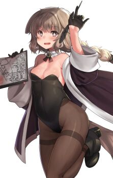 +_+ 1girl animal_ears black_gloves black_leotard black_shoes braid breasts brown_hair brown_pantyhose cleavage coat commentary_request covered_navel detached_collar dog_ears dog_girl dog_tail fang gloves holding holding_quill itou_ryuusei leg_up leotard long_sleeves looking_at_viewer open_mouth original pantyhose purple_eyes quill shoes skin_fang smile solo strapless strapless_leotard tail