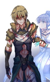 1boy 1girl ancient_greek_clothes artist_name bare_shoulders bleeding blonde_hair blood blood_from_forehead blue_gloves blue_thighhighs carimarica commentary_request cowboy_shot expressionless fate/grand_order fate_(series) gloves greco-roman_clothes green_eyes hand_grab holding_hands jason_(fate) long_hair looking_at_another looking_at_viewer medea_(fate) medea_lily_(fate) pointy_ears purple_eyes purple_hair thighhighs trembling vambraces