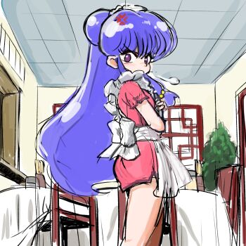 Rule 34 | 1girl, anger vein, apron, ass, chair, chinese clothes, commentary request, dress, indoors, long hair, looking at viewer, looking back, maid apron, maid headdress, pink dress, purple eyes, purple hair, ranma 1/2, shampoo (ranma 1/2), sidelocks, sketch, table, wanta (futoshi), white apron