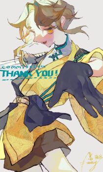 1boy black_gloves blonde_hair commentary_request cowboy_shot floral_print floral_print_kimono gloves grey_background highres holding holding_sword holding_weapon japanese_clothes katana kimono looking_at_viewer male_focus open_mouth original print_kimono shinjitsu_no_kuchi short_sleeves simple_background smile solo sword weapon wide_sleeves yellow_eyes yellow_kimono