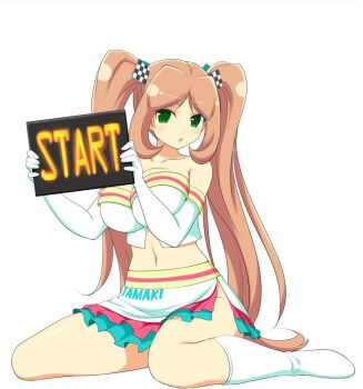 1girl :o aqua_skirt blush boots breasts brown_hair character_name checkered_flag cleavage collarbone elbow_gloves flag flag_hair_ornament frilled_skirt frills gloves green_eyes hair_ornament holding holding_sign large_breasts linea_alba long_hair looking_at_viewer multicolored_skirt non-web_source official_art open_mouth race_flag race_queen red_skirt senran_kagura senran_kagura_new_wave shiny_skin side_slit sign simple_background sitting skirt solo strapless tamaki_(senran_kagura) tube_top twintails very_long_hair wariza white_background white_boots white_gloves white_skirt white_tube_top