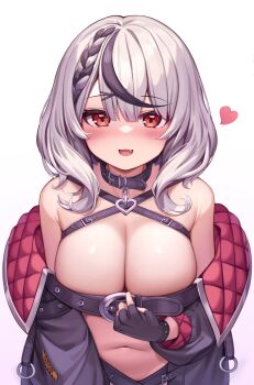 1girl black_gloves black_hair breasts deaver fang fingerless_gloves gloves heart highres hololive large_breasts looking_at_viewer multicolored_hair open_mouth red_eyes sakamata_chloe simple_background solo streaked_hair virtual_youtuber white_background white_hair