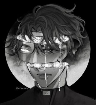 Rule 34 | 1boy, binary, black eyes, black hair, blood, blood from forehead, broken skull, curtained hair, evie (baoxiao), expressionless, glowing, glowing eye, greyscale, heterochromia, highres, male focus, monochrome, moon behind head, omniscient reader's viewpoint, portrait, short hair, solo, symbolism, white blood, white eyes, yoo joonghyuk