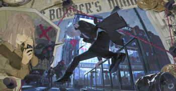 Rule 34 | 1girl, 1other, 2boys, absurdres, ahoge, alternate universe, black coat, black hair, black pants, black shoes, building, can, car, cellphone, chinese commentary, cityscape, coat, coin, commentary request, crosswalk, danganronpa (series), danganronpa 2: goodbye despair, grey vest, hair ornament, highres, hinata hajime, holding, holding phone, holding umbrella, komaeda nagito, llanz, motor vehicle, multiple boys, nanami chiaki, pants, phone, purple hair, running, shirt, shoes, spoken character, spoken scene, sweat, talking on phone, umbrella, vest, white hair, white shirt