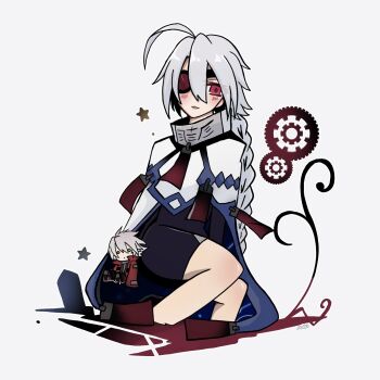 1boy 1girl ahoge bare_legs barefoot black_bodysuit blazblue blush bodysuit braid braided_ponytail cape chibi chibi_inset collar commentary eyepatch eyes_visible_through_hair gears green_eyes grey_hair hair_between_eyes heterochromia highres jacket long_hair looking_at_viewer mutuki78 nu-13 ragna_the_bloodedge red_eyes red_jacket short_hair signature single_braid solo star_(symbol) very_long_hair white_background white_cape