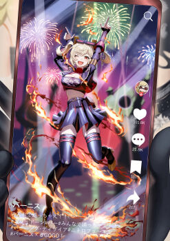 1girl absurdres aerial_fireworks arms_up belt black_belt black_gloves black_jacket black_skirt black_thighhighs black_tube_top blonde_hair breasts brown_footwear burnice_white cellphone cleavage fire fireworks fuli_(narumiyafuri) gloves hands_up high_heels highres holding holding_phone jacket large_breasts leg_up midriff open_mouth phone pleated_skirt pointing pointing_up pyrokinesis red_eyes skindentation skirt smartphone solo strapless thighhighs tube_top two_side_up zenless_zone_zero