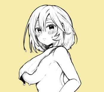 1girl armpit_crease blush breasts closed_mouth commentary english_commentary hair_between_eyes highres hololive hololive_english large_breasts lavacacticus looking_at_viewer medium_hair nude partially_colored simple_background solo sweat towel turning_head underboob upper_body virtual_youtuber watson_amelia wet wet_hair yellow_background