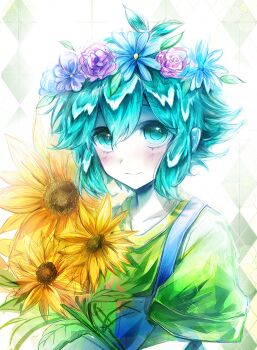 Rule 34 | 1boy, antenna hair, aqua eyes, aqua hair, argyle background, basil (headspace) (omori), basil (omori), blue flower, blue overalls, blush, bouquet, chinese commentary, closed mouth, colored skin, commentary request, double-parted bangs, film grain, flipped hair, flower, flower wreath, gangsiqiu zhansi, grey background, hair between eyes, head wreath, highres, holding, holding bouquet, leaf, looking at viewer, male focus, omori, overalls, pink flower, pink rose, purple flower, purple rose, rose, shirt, short hair, short sleeves, sidelocks, simple background, smile, solo, sunflower, t-shirt, two-tone background, upper body, white background, white skin